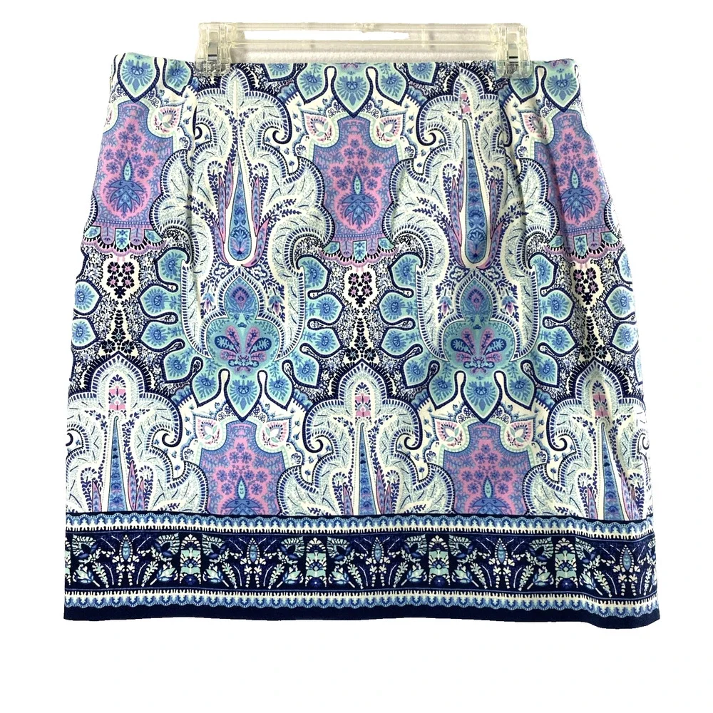 Talbots A Line Skirt Womens Size‎ 12 Blue Pink Artsy Print Cotton Blend Office